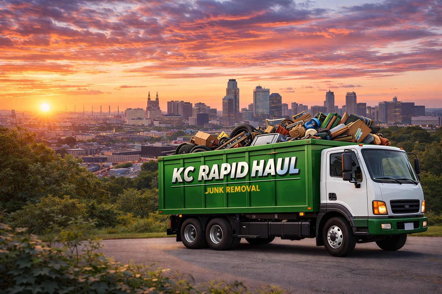 KC Rapid Haul junk removal truck loaded with debris overlooking Kansas City skyline at sunset